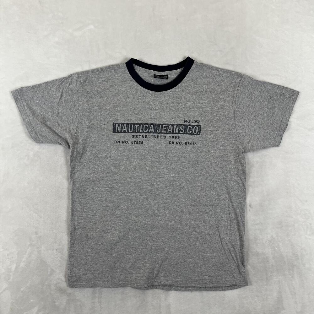 Vintage Nautica Jeans Co T-Shirt Mens Large Gray Ringer Logo Graphic Y2K